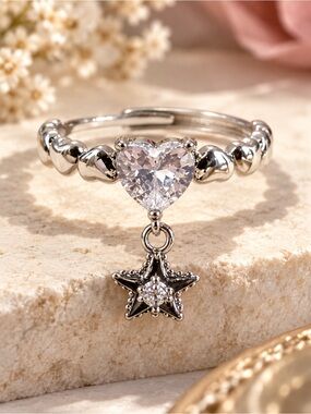 Silver Heart Crystal Star Charm Adjustable Ring Celestial Dainty Jewelry
